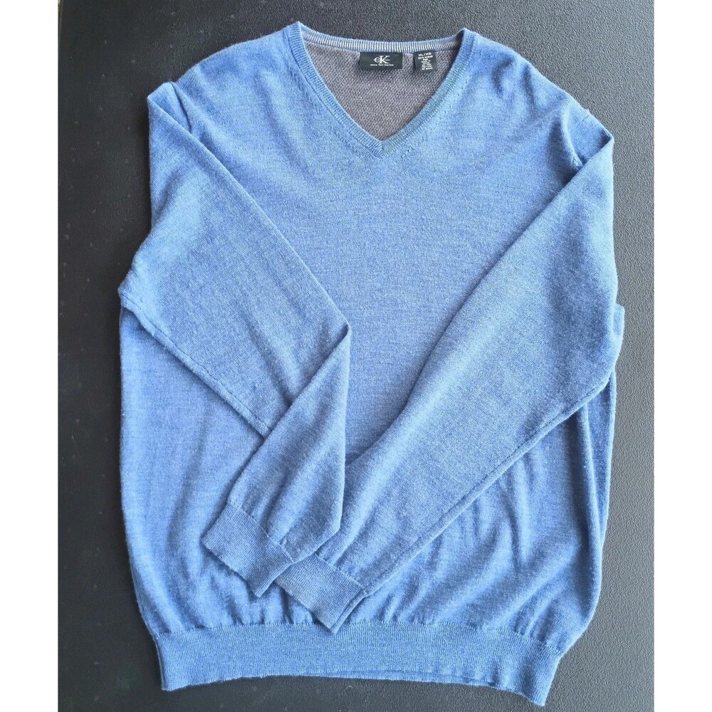 Calvin Klein Merino Wool Sweater Men's Size XL Blue V-Neck Classic Citycore